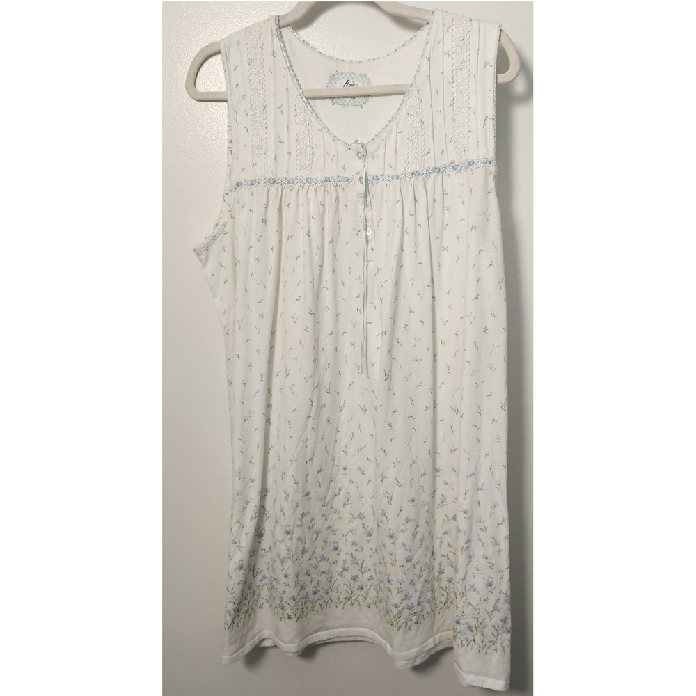 Aria Cotton Blend Nightgown Lrg White Pastel Blue Ribbon Floral‎ Sleeveless